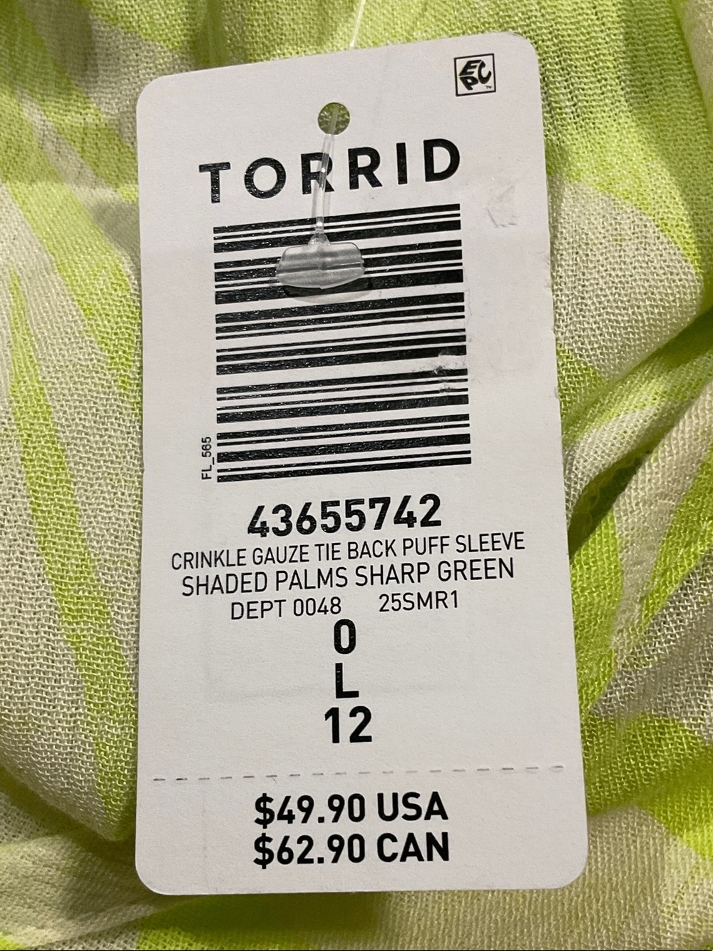 torrid Sharp Lime Green and White Tie Back Puff Sleeve V-Neck Palm Print Size L - Picture 4 of 8